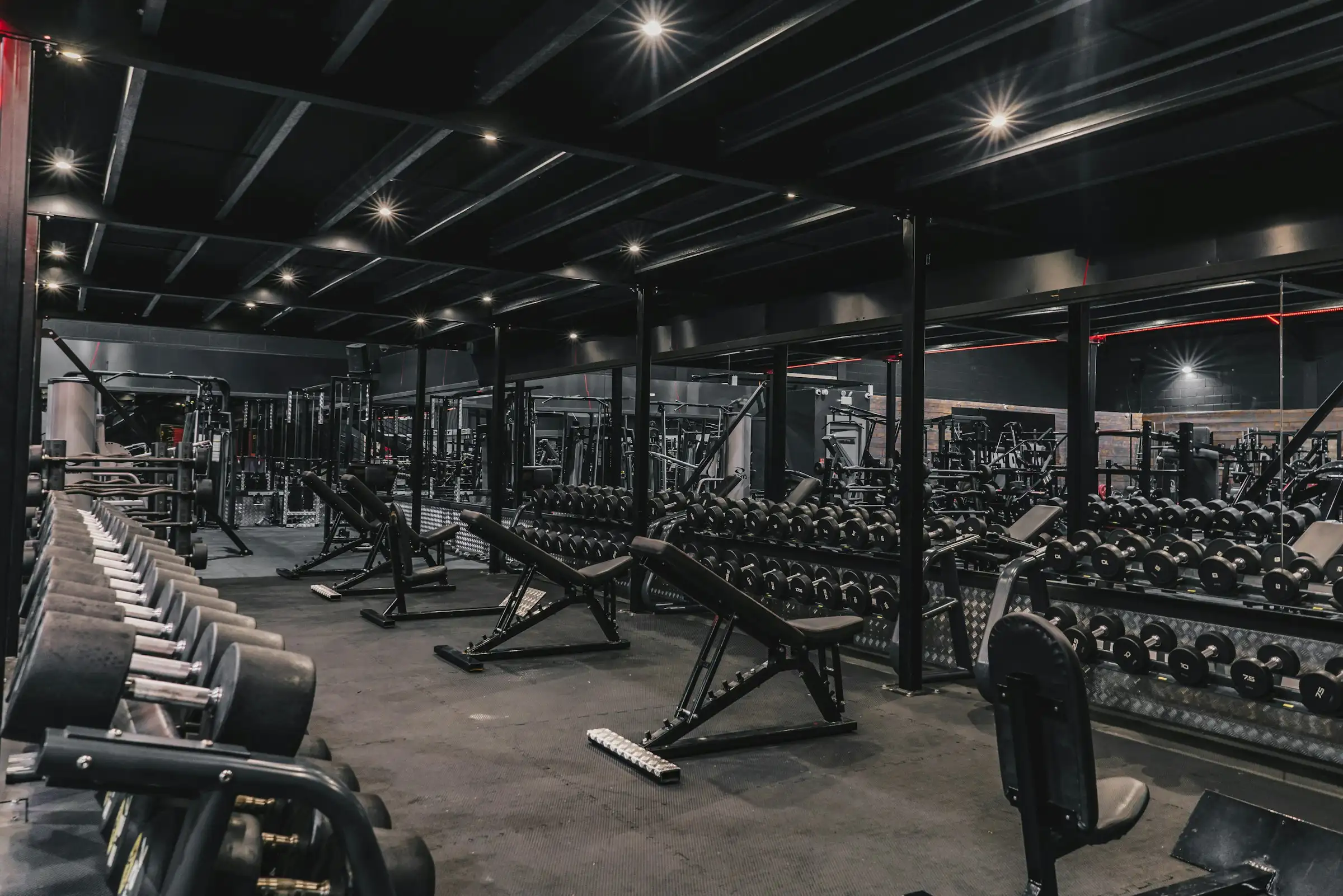 A gym floor of assembled racks, benches and dumbbell stands