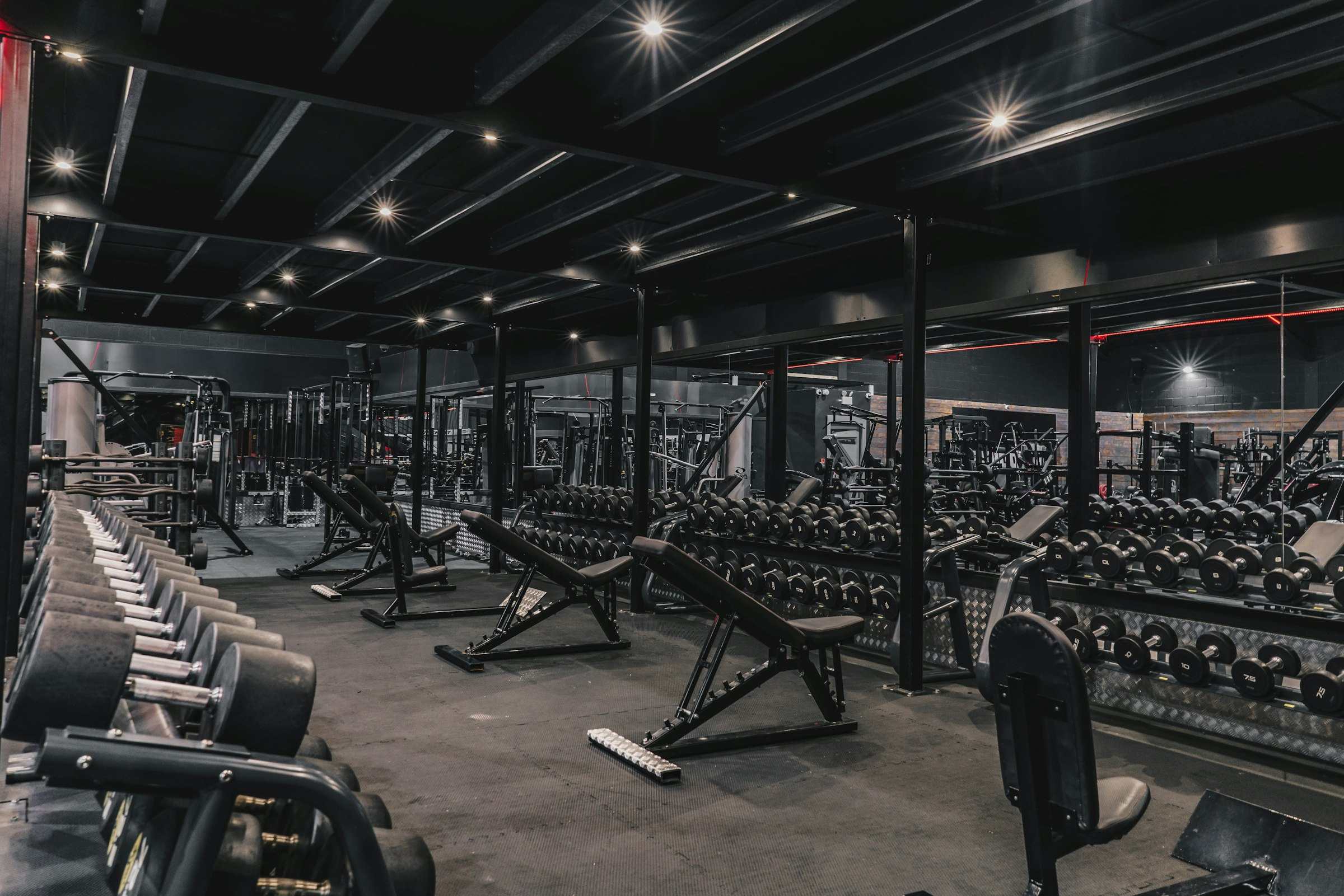 A gym floor of assembled racks, benches and dumbbell stands